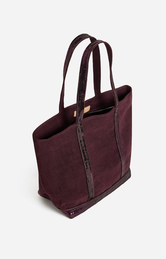 LINEN M AUBERGINE ZIPPED CABAS TOTE