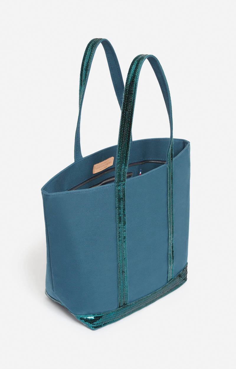 CANVAS M PEACOCK GREEN ZIPPED CABAS TOTE