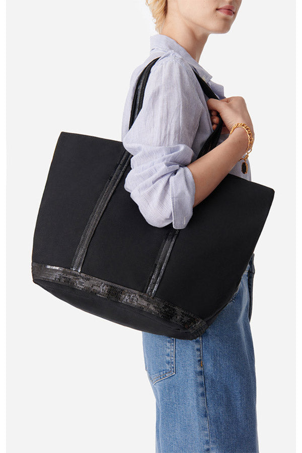 CANVAS L BLACK ZIPPED CABAS TOTE