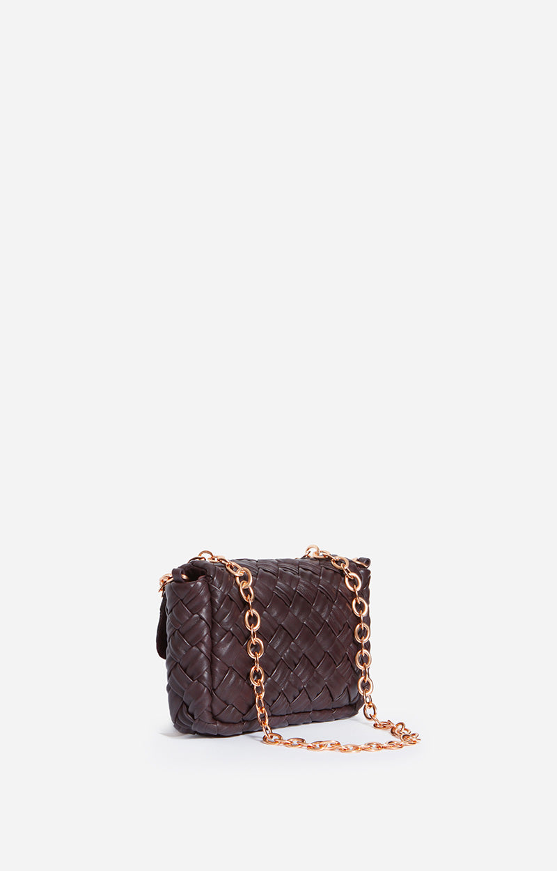SMALL BRAIDED LEATHER CHOCOLAT MOON BAG