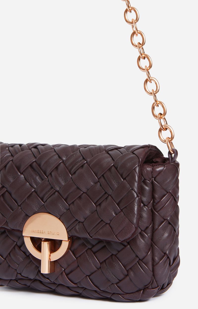 SMALL BRAIDED LEATHER CHOCOLAT MOON BAG