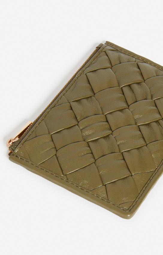 BRAIDED LEATHER KAKI COIN PURSE