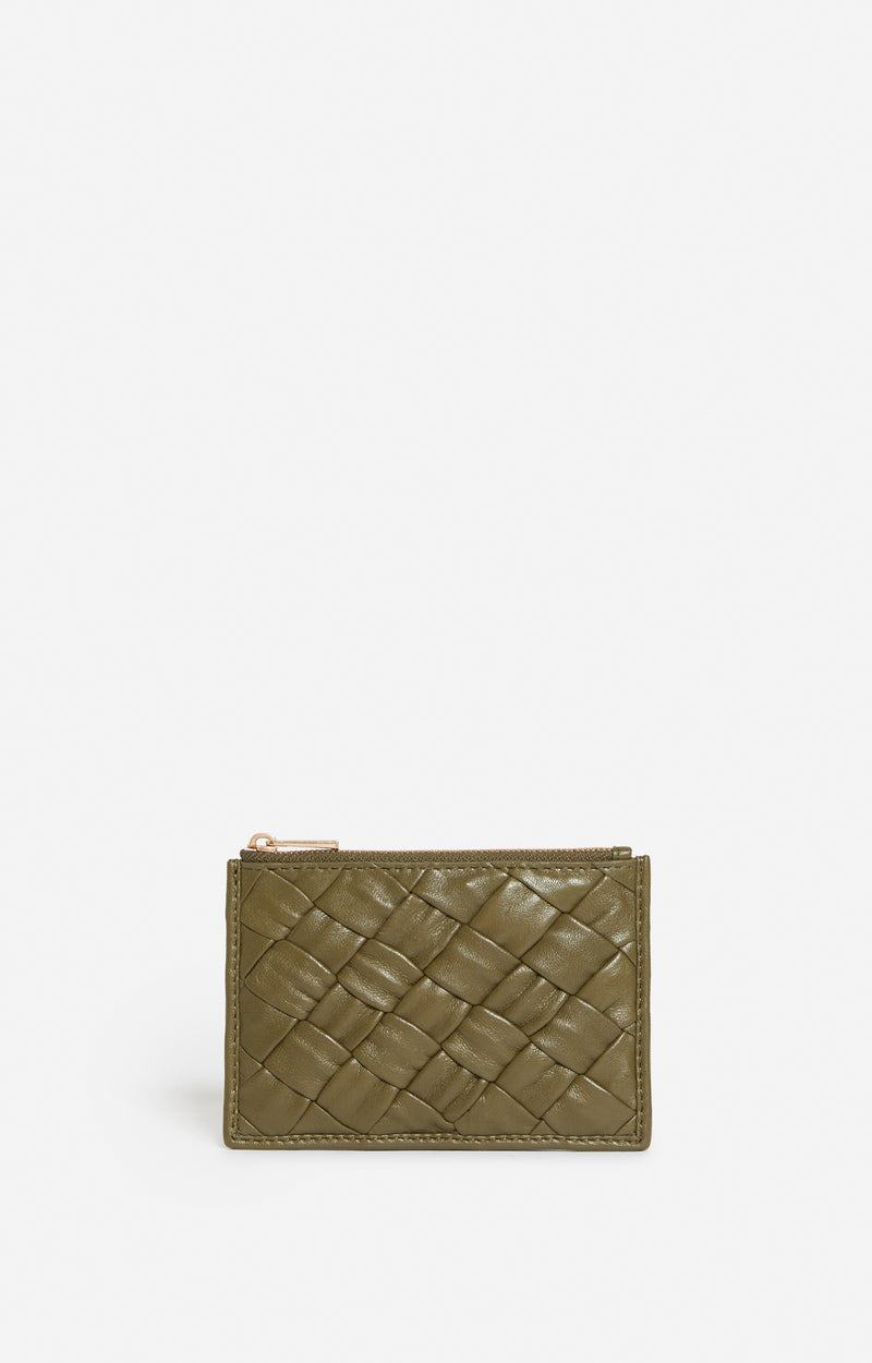 BRAIDED LEATHER KAKI COIN PURSE
