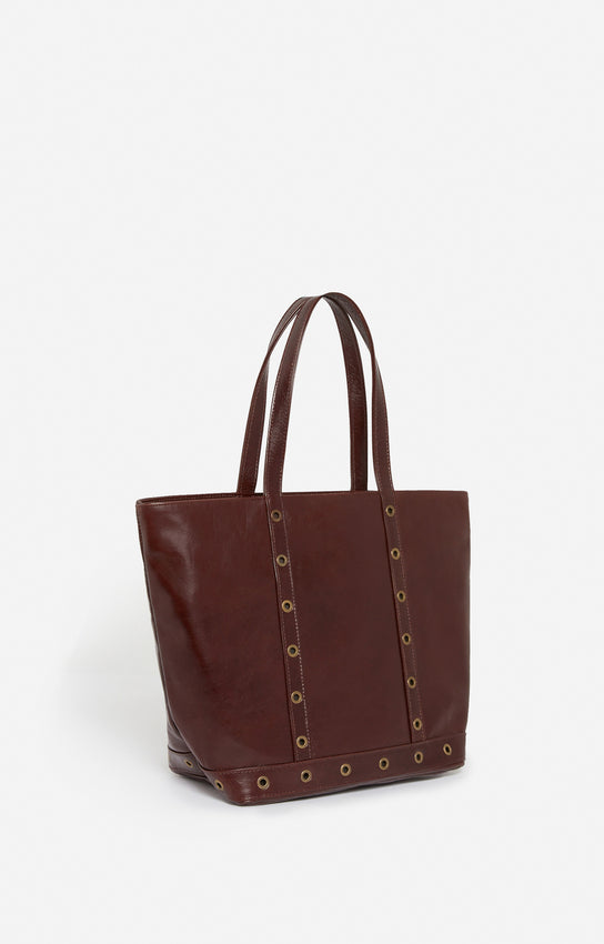 LEATHER M CHOCOLATE ZIPPED CABAS TOTE
