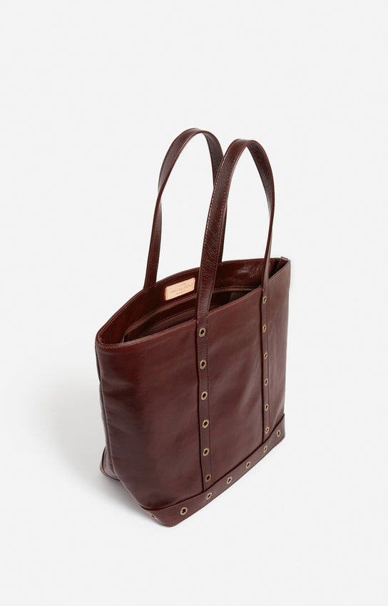 LEATHER M CHOCOLATE ZIPPED CABAS TOTE