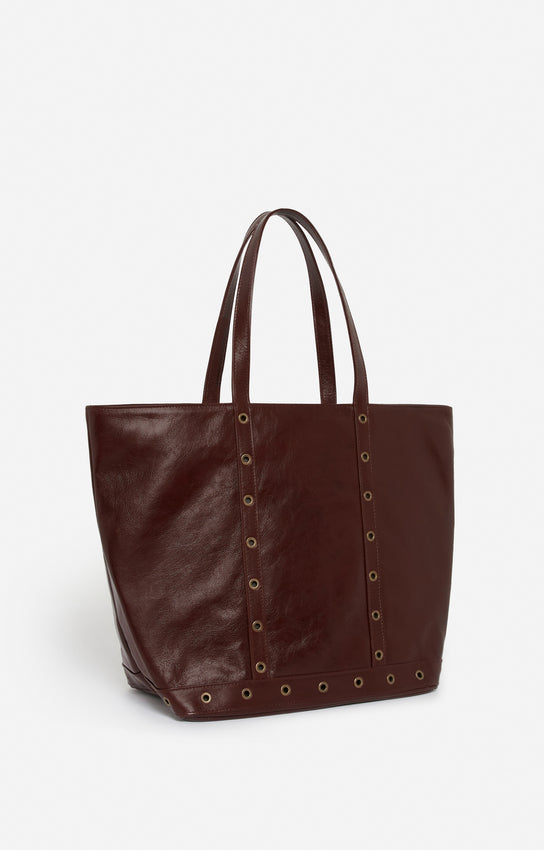 LEATHER L CHOCOLATE ZIPPED CABAS TOTE