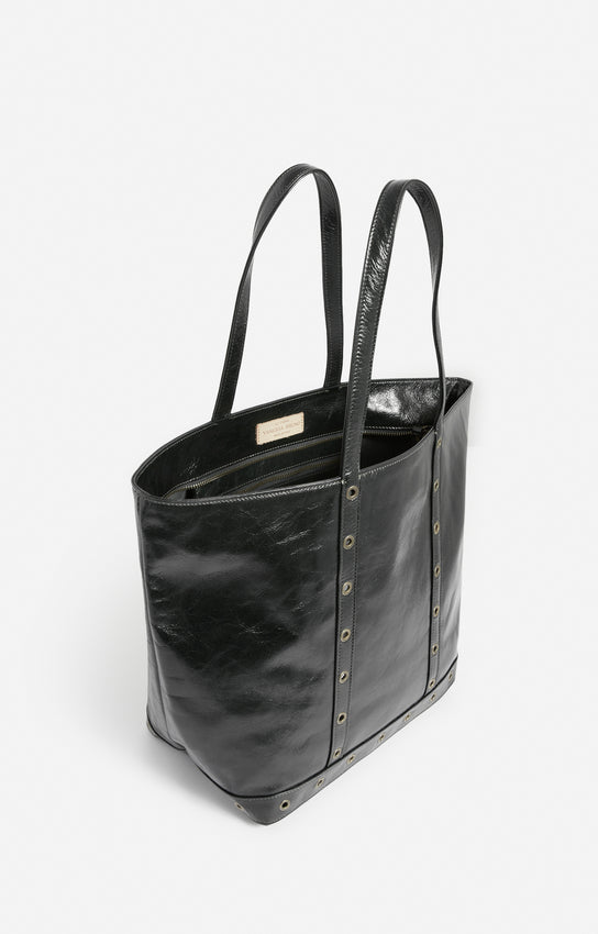 LEATHER L BLACK ZIPPED CABAS TOTE