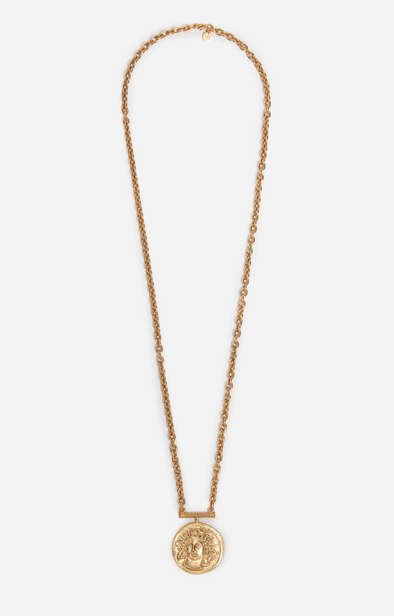 MEDALLION LONG BRASS NECKLACE