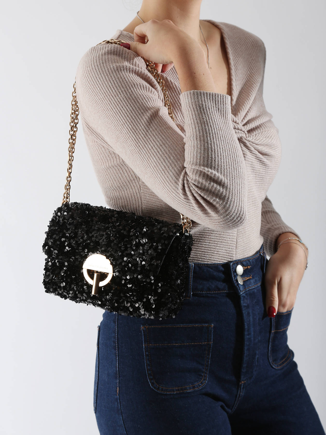 MEDIUM MOON BLACK SEQUINS BAG