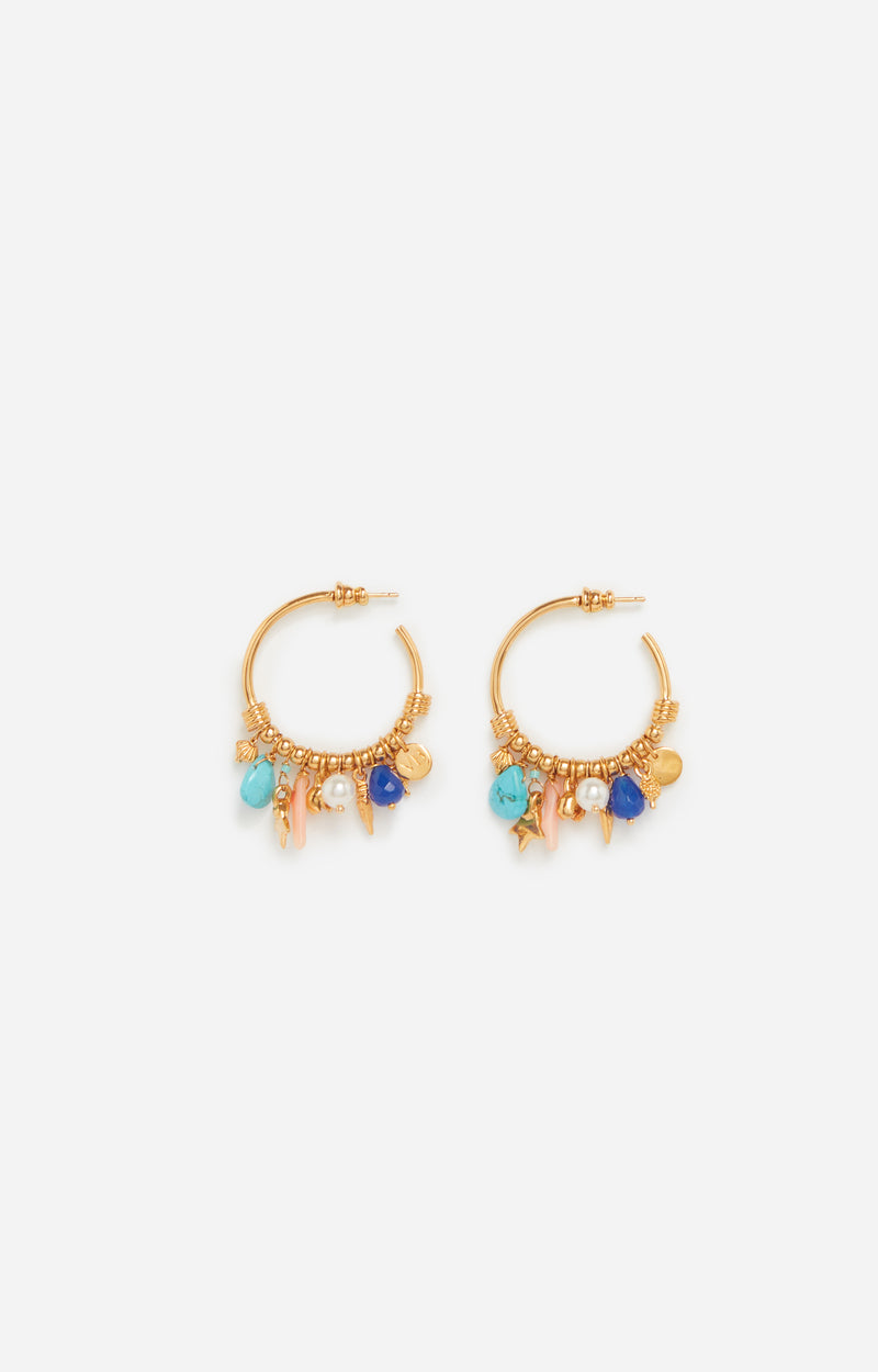 STONE CHARM BRASS HOOP EARRINGS