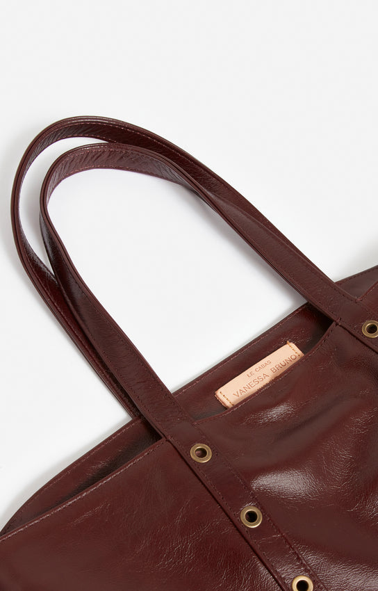 LEATHER M CHOCOLATE ZIPPED CABAS TOTE