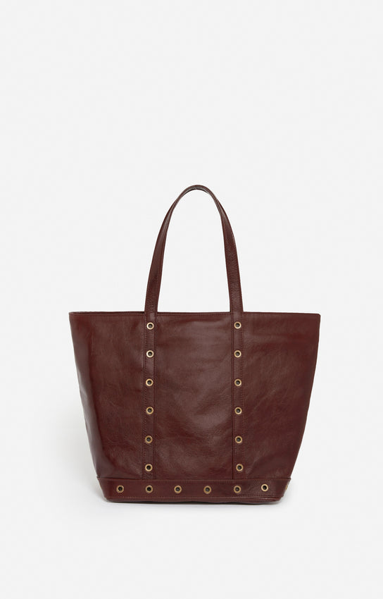 LEATHER M CHOCOLATE ZIPPED CABAS TOTE