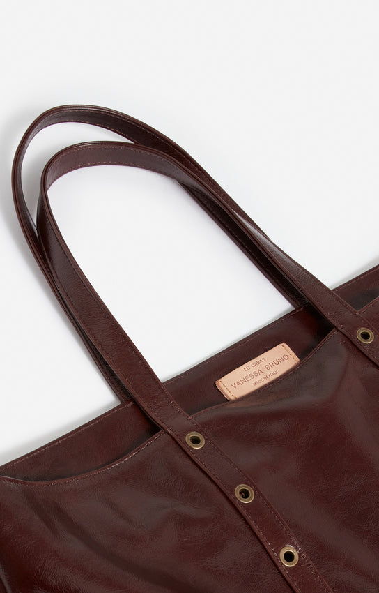 LEATHER L CHOCOLATE ZIPPED CABAS TOTE
